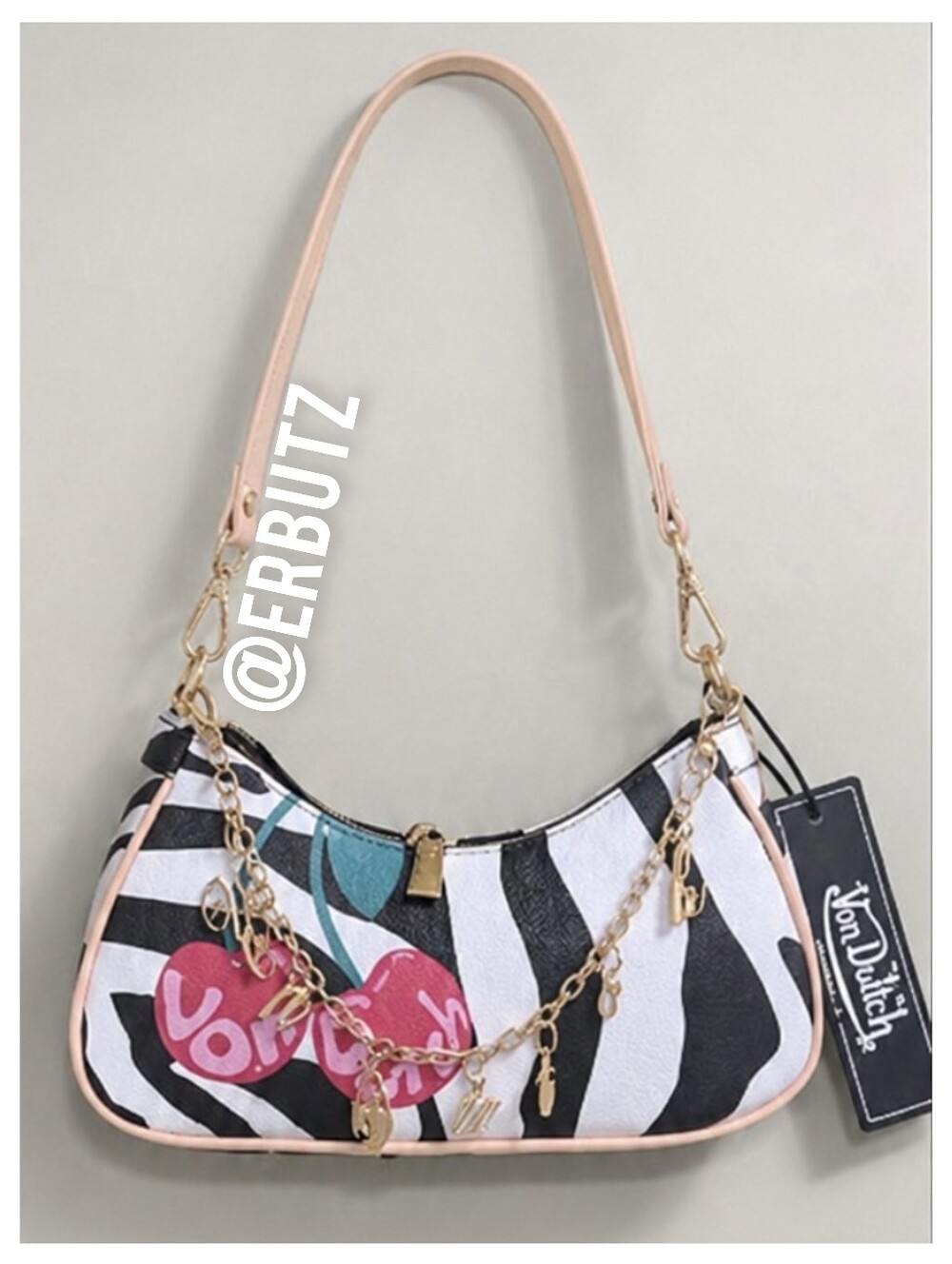 Von Dutch Cherry Zebra Shoulder Bag with Detachable Dangling Brand Charm 🦓